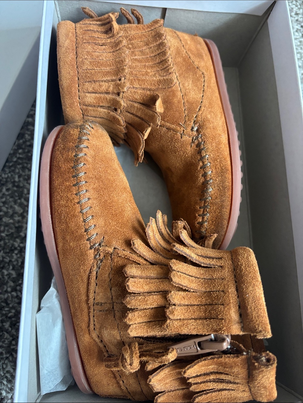 Kids Minnetonka Suede Fringe Booties - Tan